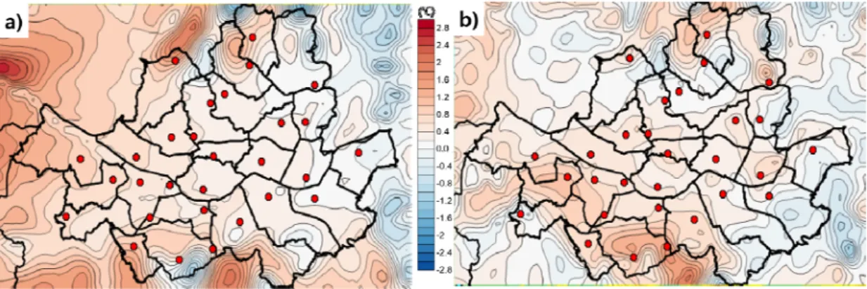 Fig. 8. Air temperature differences of case_Large and case_Small at 15 LST(a) and 03 LST(b).