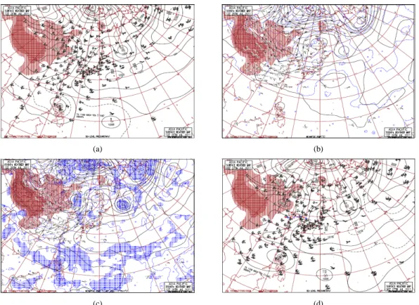 Fig. 4. Synoptic weather chart of (a) surface, (b) 500 hPa, (c) 850 hPa at 1200 UTC 26 July 2011, and (d) surface at 0000  UTC 27 July 2011 under the High pressure edge type.