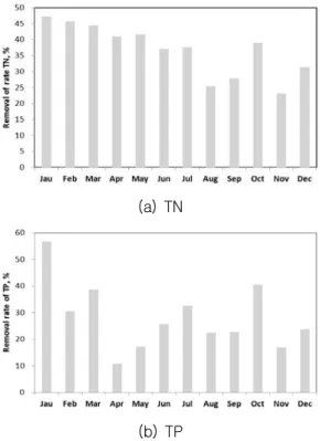 Fig.  3.  Monthly  removal  efficiency  of  TN  and  TP  in  the  constructed  wetland