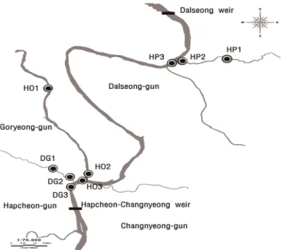 Fig. 1. The survey sites (DG1, HP1, HO1 : tributary ; DG2, HP2, HO2 : confluence ; DG3, HP3, HO3 : Nakdong River)