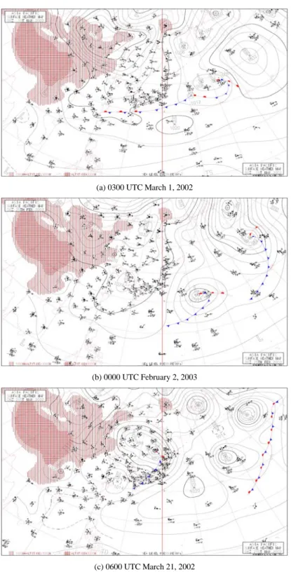 Fig. 1. Surface weather chart for (a) Type 1, (b) Type 2, (c) Type 3.