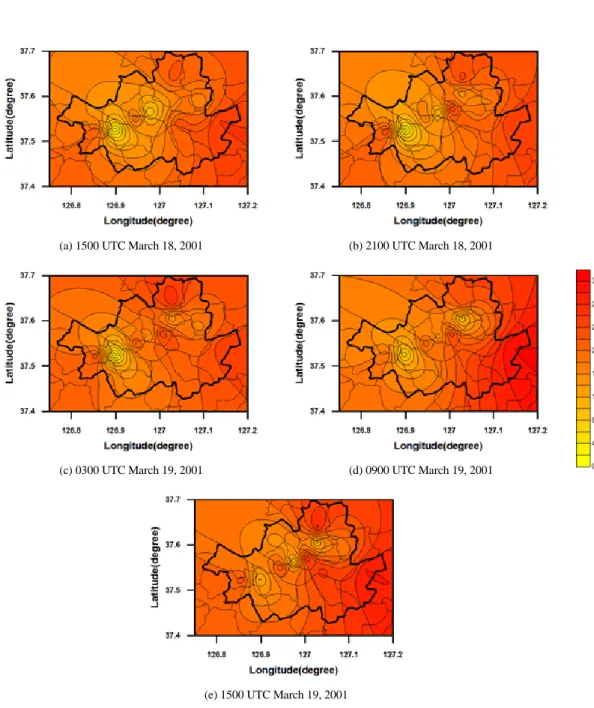 Fig. 3. PM 10  concentration at (a) 1500 UTC, (b) 2100 UTC March 18, 2001, (c) 0300 UTC, (d) 0900 UTC, and (e) 1500  UTC March 19, 2001.