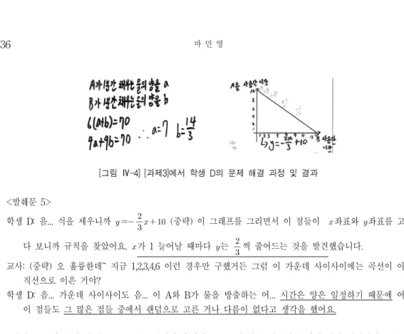 [그림 Ⅳ-4] [과제3]에서 학생 D의 문제 해결 과정 및 결과 <발췌문 5> 학생 D: 음... 식을 세우니까        (중략) 이 그래프를 그리면서 이 점들이  좌표와  좌표를 고민하 다 보니까 규칙을 찾았어요