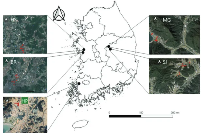 Fig. 1. Map of survey sites. Paddy fields that participate (white circle) and do not participate (red circle) in the agri-environmental conservation program