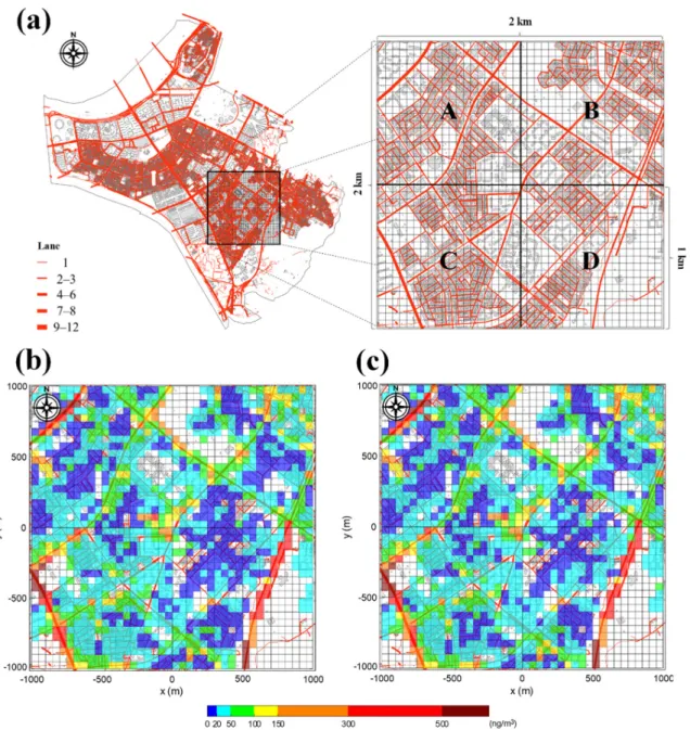 Figure 4. (a) Roadway map and study domain in Songpa-gu district. (b) Uncorrected and (c) corrected 