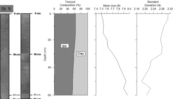 Fig.  4  Textural  composition,  X-radiograph,  mean  grain  size  and  sorting  of  push  core  sediment  at  station  5