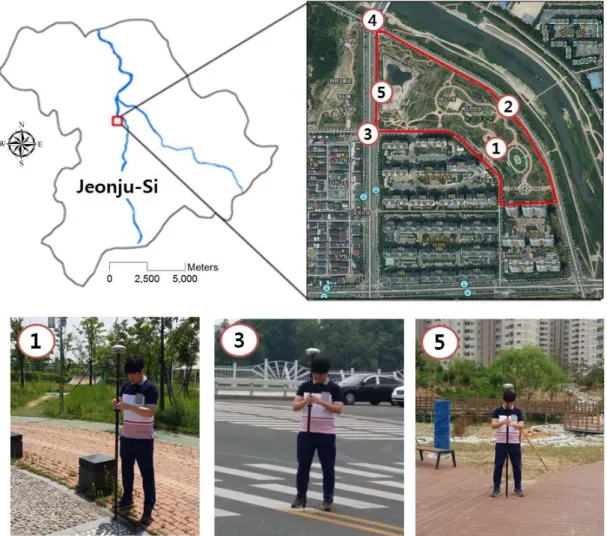 Fig. 1. Study area. 2. 재료 및 방법 드론 원격정보를 활용하여 실제증발산량을 계산하 기 위해, Fig. 1과 같이 전라북도 전주시 효자동 3가에  위치하고 있는 문학대공원을 연구대상지로 선정하였 다
