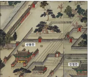 Fig. 5. Ritual space in Changdeokgung  (A part of Donggwoldo). 또한 위선당의 서쪽 산기슭의 바위 아래에 영열천 (靈列泉)의 샘이 그려져 있음을 볼 수 있는데 샘으로  표현된 물은 제례의식공간에서는 빠질 수 없는 요소 로써 제사에 필요한 제수를 제공하고 몸과 마음을 정 갈하게 하는 물로서 위선당 공간을 한층 더 경건하게  하는 요소로써 중요한 의미를 지니고 있다