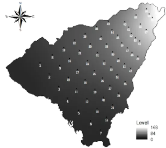 Fig. 7. Steady flow analysis based on equipotential line. Fig. 8. 60 random points in Dae-jeong watershed.