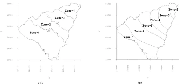 Fig. 2. Hydraulic conductivity zonation in Dae-jeong watershed based on ground level (a) and equipotential line (b).