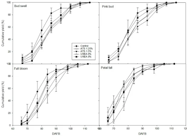 Fig. 6. The thinning effect of ATS and UREA in flower bud development stage on cumulative percent yield of ‘Brightwell’ rabbiteye blueberry
