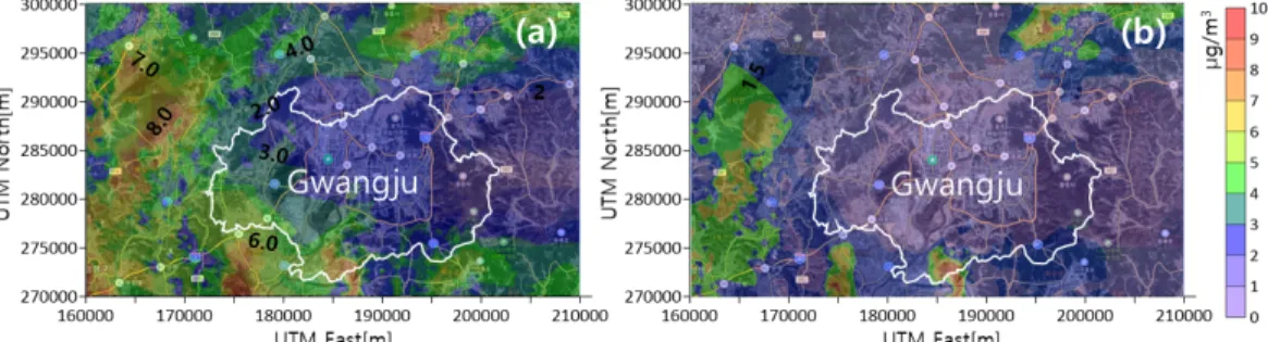 Fig. 6 Dispersion of PM 2.5  emitted from livestock farms (c) 1hr-concentration (d) annual average concentration ConcentrationsPM10 (µg m-3) PM2.5 (µg m-3)NH3 (ppm)Houly0.4300 ∼ 9.77000.0700 ∼ 1.49000.0070 ∼ 0.1770Annual0.0200 ∼ 2.28000.0030 ∼ 0.34900.0003