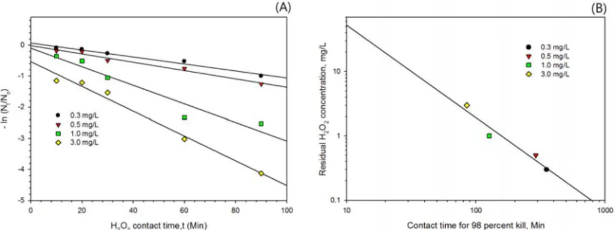 Fig. 4. Plote of laboratory data inactivation of M. edulis larvae (A) - ln (N t /N 0 )] vs contact time of different concentration of  H 2 O 2  (B) Concentration of H 2 O 2  versus required time to reach 98 percent larvae mortality.