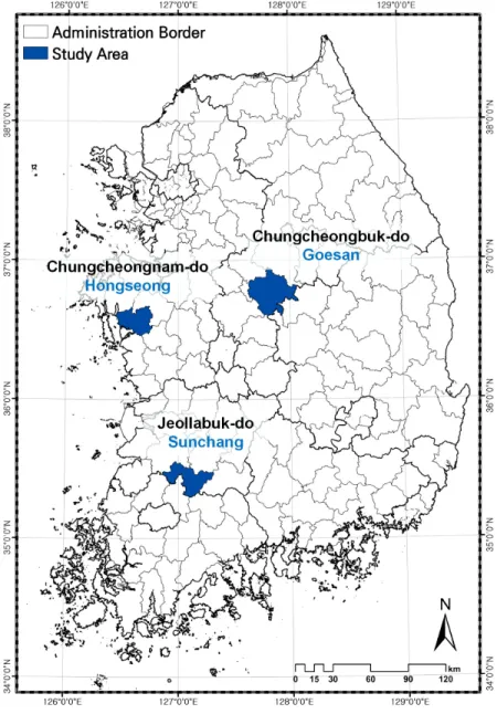 Fig. 1 Location of three study areas and reservoirs
