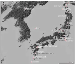 Fig. 11. Selected 29 volcanoes of high-risk groups in this  study. 3. 결과와 고찰 3.1. 자료수집 결과 본 연구에서는 한반도와 주변국(중국,  일본,  러시아  캄차카반도)의 화산에 관련된 정보를 수집하여 database 를 작성하였다