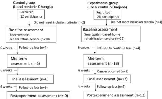 Figure  4 shows  the  time  flow  of  the  study.  According  to  the criteria, we excluded two patients in the control group owing to shoulder pain during exercise