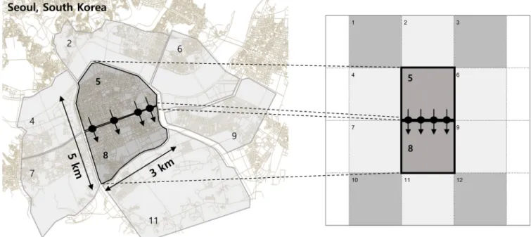 Fig 2. The target area (Gangnam district, Seoul, South Korea). (Drawn by authors using QGIS program, data source: public data portal of South Korea, the data are free source for everyone, the authors did not have any special privileges that others would ha