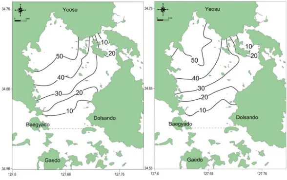 Fig. 3. Spatial distribution of residence time (days) in Gamak bay: (a) neap tide; (b) spring tide.
