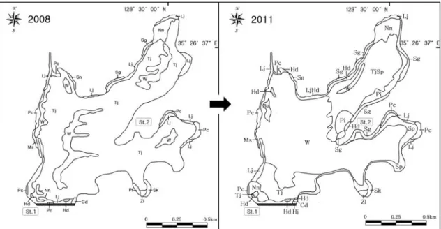 Fig.  4.  The  map  of  actual  vegetation  of  Jungyangneup(2008  and  2011).