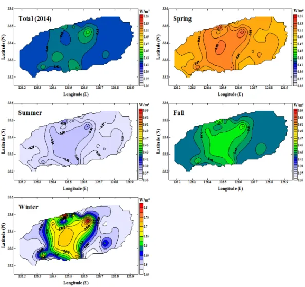Fig. 7. Total distribution and seasonal variations for radiative forcing (W/m 2 ) due to CO 2  concentrations at basic  environmental treatment facilities (more than 100 sites) on Jeju Island in the year of 2014