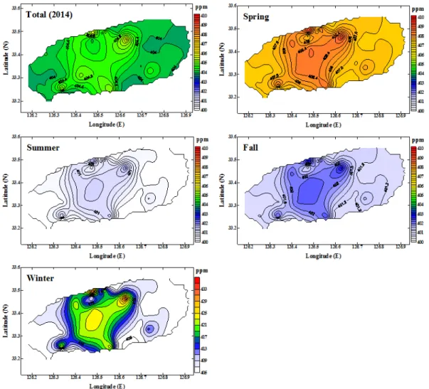 Fig. 4. Total distribution and seasonal variations for CO 2  concentrations (ppm) converted from CO 2  emitted at basic  environmental treatment facilities (more than 100 sites) on Jeju Island in the year of 2014