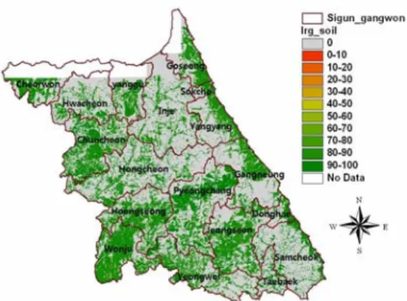 Table 6. Distribution rate of score of soil condition for Italian ryegrass Score 0 1 ~ 10 11 ~ 20 21 ~ 30 31 ~ 40 41 ~ 50 51 ~ 60 61 ~ 70 71 ~ 80 81 ~ 90 91 ~ 100 Portion (%) 60.7 0.0 0.0 0.0 0.0 0.0 0.0 0.0 0.0 18.0 21.3Fig