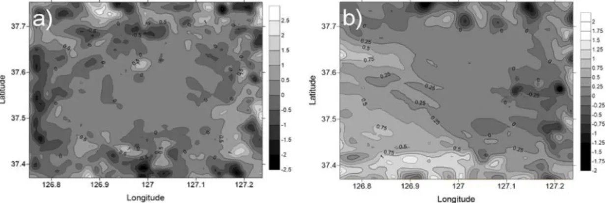 Fig. 6. Differences of the near surface air temperature estimated in case_Small and case_Large at a) 03 LST and b) 15 LST.