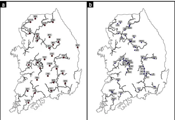 Fig. 2. Location of measurement point: (a) Air temperature; (b) Water temperature.2. 대상 지역 및 관측 자료환경부  산하  국립환경과학원에서  수질자동관측망을 통해 주요 4대 하천(한강, 낙동강, 영산강, 금강)의 수온은 관측하고 있지만, 기상 관측을 동시에 수행하고 있지는 않기 때문에 기온자료는 기상청에서 제공되는 일평균기온자료 (Table 1) 를 사용하였다