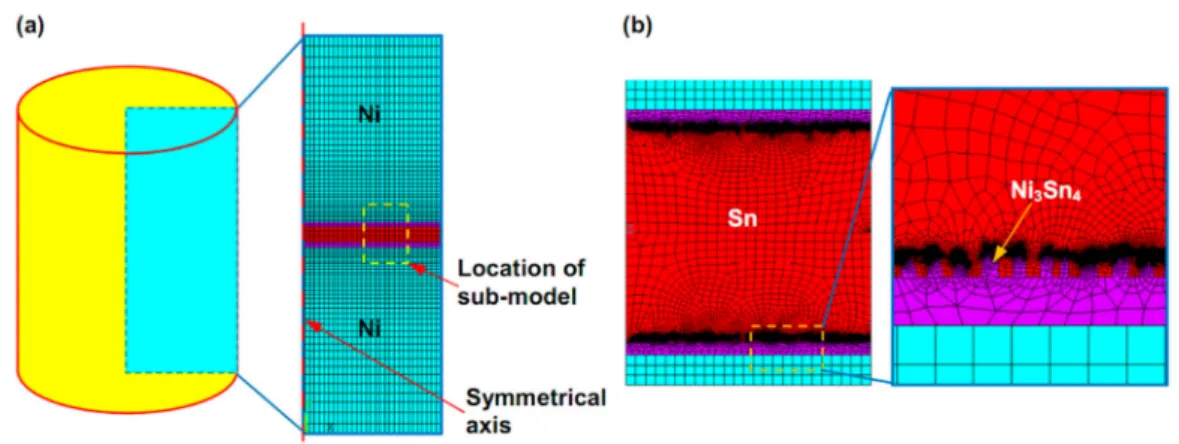 Figure 2. FE model of Ni/Sn/Ni micro-joints. (a) 2D axisymmetric global model; (b) sub-model