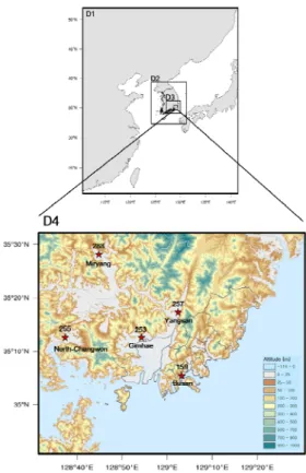 Fig. 1. The nested model domains. The bottom figure is  enlarged details of the target areas (D4) and the  red stars indicate the automatic synoptic observing  system (ASOS) observed by Korea meteorology  administration (KMA)