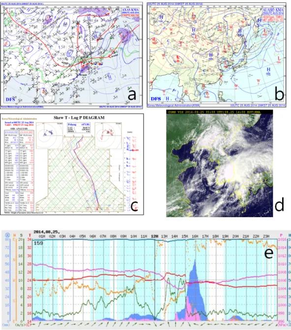 Fig. 2. a) Surface weather chart 0900 LST Aug. 25, 2014, b) 850 hPa weather chart 0900 LST Aug