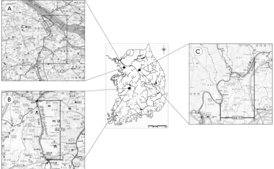 Fig.  1.  Map  of  the  studied  area(Ⓐ:Anyang  Stream,  Ⓑ:Gap  Stream,  Ⓒ:Seom  River) 