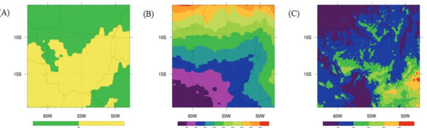 Fig. 3. Distribution of (A) mean air temperature of the warmest month and distribution of monthly mean air  temperature,  (B) accumulated annual precipitation, and (C) altitude in the state of Mato Grosso of Brazil.