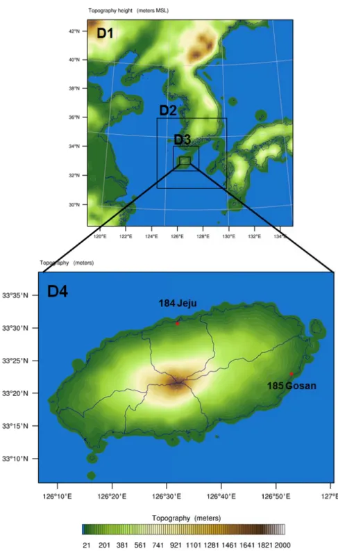 Fig. 2. The nested model domains. The bottom figure is enlarged details of the target areas (D4) and the red points indicate  the automatic synoptic observing system (ASOS) observed by Korea Meteorology Administration (KMA)