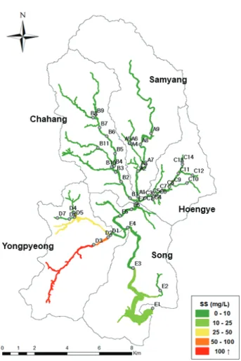 Fig. 5 Distribution map of SS concentration in the Doam lake  watershed during non-rainfall