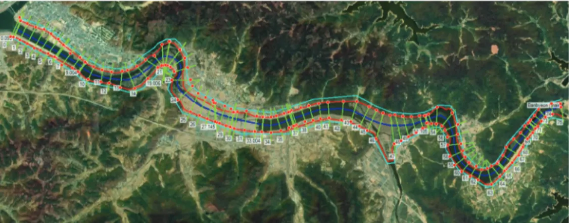 Fig. 2 Study area with the sites of water level &amp; flow measurement and fish observation