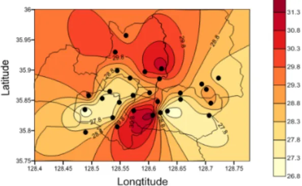 Fig. 3. Distribution of surface air temperature on August  (09:00,  ).  여름철에 지표 가열이 충분히 진행된 것으로 판단할  수 있는 15시의 시간평균 공간분포를 Fig