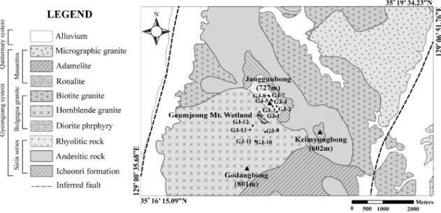Fig.  2.  Geological  map  (slightly  modified  from  Son  at  al,  1978)  of  the  study  area  with  locations  of  Schmidt  hammer  test