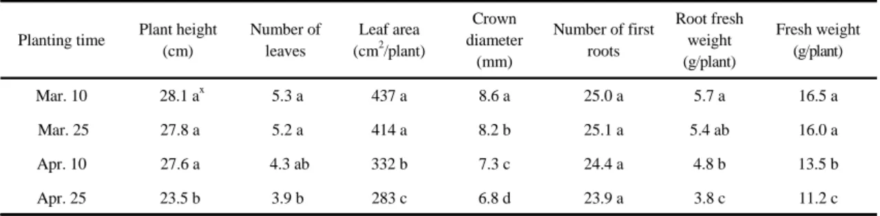 Table 2. Growth and development of daughtet plants after completion of seedlings related to the transplant timing of mother  plants y