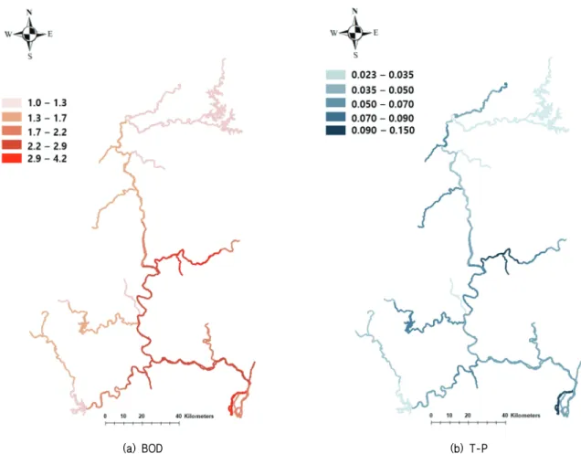 Fig. 2 Spatial variation of TMDL target water quality (BOD and T-P) in Nakdong river basin (2016∼2020)