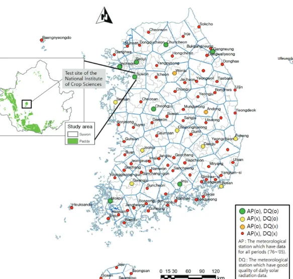 Fig. 3 Location of meteorological stations and range of study area