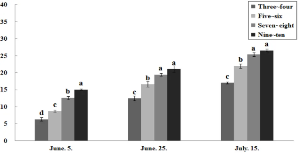 Fig. 2. Number of daughter plants with more than 2 leaves at each seedling stage depending on the treatment on runner  development from mother plants