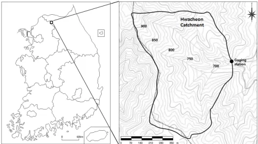 Fig. 1. The location of the experimental watershed.이들 모니터링 결과의 신뢰성이 중요함과 동시에(Jung, 2014), 다른 형태의 토지이용과 강우조건에 따라 비점오염부하 자료의 장기적인 축적이 필요하다(Shin, 2007).부유토사 채수 방법으로는 실트 팬스를 이용하여 측정하는 방법이 있으나(Kim et al., 2012), 단위 강우사상별로 시료를 채취 하는데 많은 비용과 시간이 소요되고, 저유량 시에는 부유물