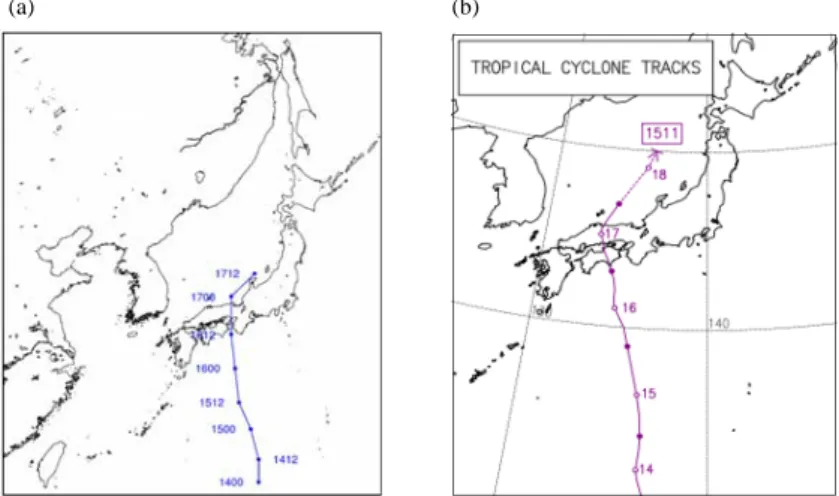 Fig. 8.  Comparison simulated track from WRF simulation (a) and tropical cyclone tracks (b) of typhoon ‘Nangka’