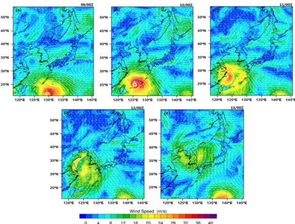 Fig. 9. Simulated wind vectors and shading for wind speed at 00UTC 9-13 July 2015. 불어 동해남부해상에 위치한 지점들에서 수온이 낮아지 기 시작하였다