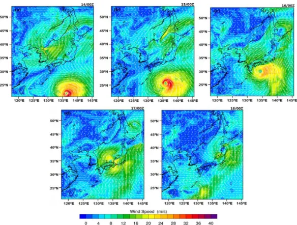 Fig. 10. Simulated wind vectors and shading for wind speed at 00UTC 14-18 July 2015. 층수와 같아지는 수온상승을 일으켰다