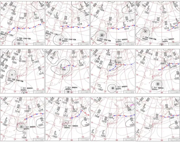 Fig. 3. Surface synoptic chart from 09UTC 08 July 2015 to 09UTC 19 July 2015.2.1. 일기도 분석다음은 태풍의 이동에 따른 동해 연안의 수온변화를 살펴보기에 앞서 연구기간의 기상상태를 알아보고자 일본기상청에서 제공하는 2015년 7월 8일 19일까지 매일 09시 지상일기도를 분석하였다(Fig