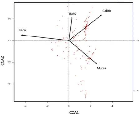 Fig 5. Canonical Correspondence Analysis on the relative taxon abundances reveals that colitis score is more closely associated with the mucus microbiome than the fecal microbiome