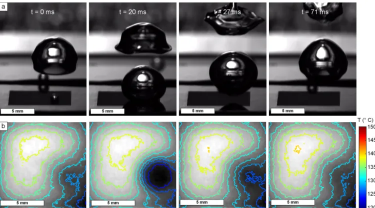 Figure 3. Synchronized high-speed (a) optical and (b) infrared video frames for a single bubble life cycle on a Al 2 O 3 −CNT micropillar array with