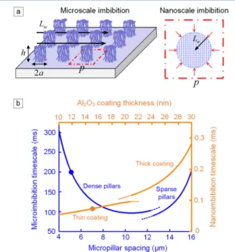 Figure 5. Analysis of microscale and nanoscale liquid imbibition on Al 2 O 3 -coated CNT microstructured surfaces